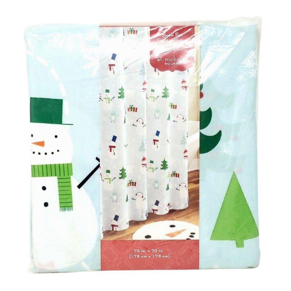 St. Nicholas Square Snow Fun Christmas Fabric Shower Curtain Snowman 70 x 70"